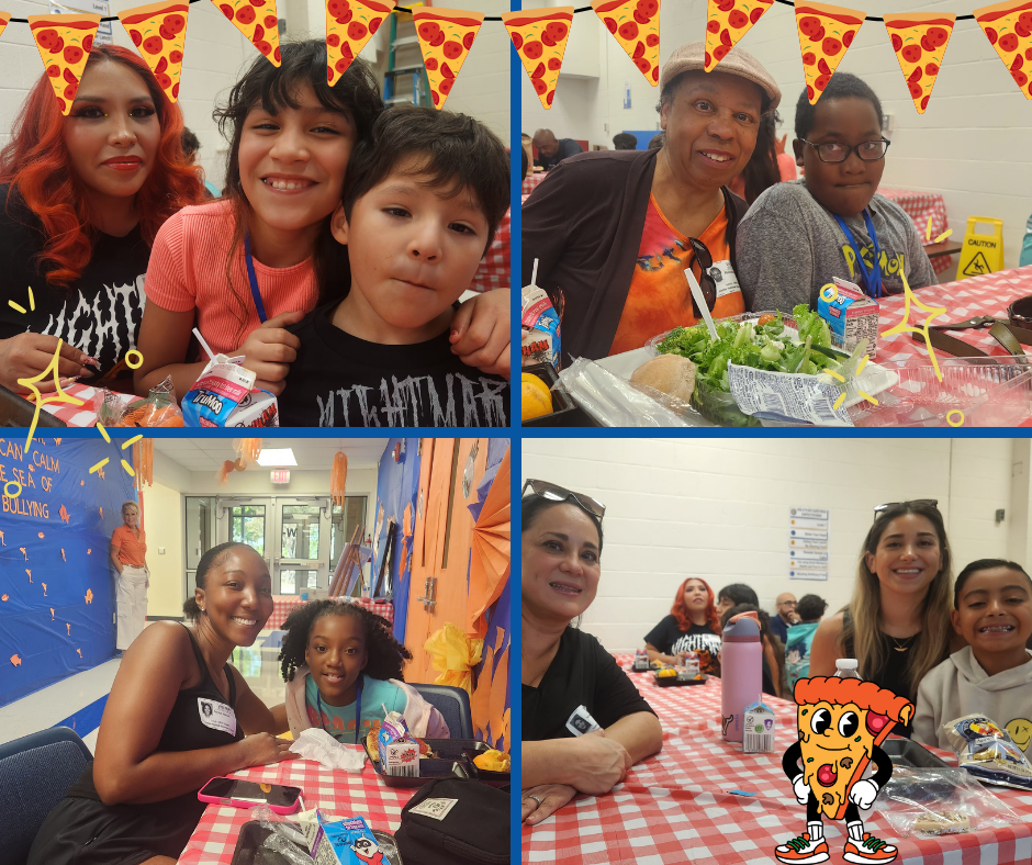 4 photo collage of students posing with parents on pizza with parents day