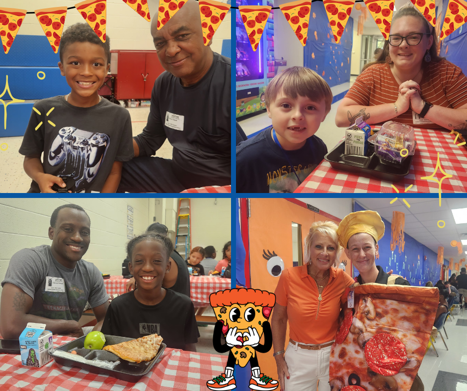 4 photo collage of students posing with parents on pizza with parents day