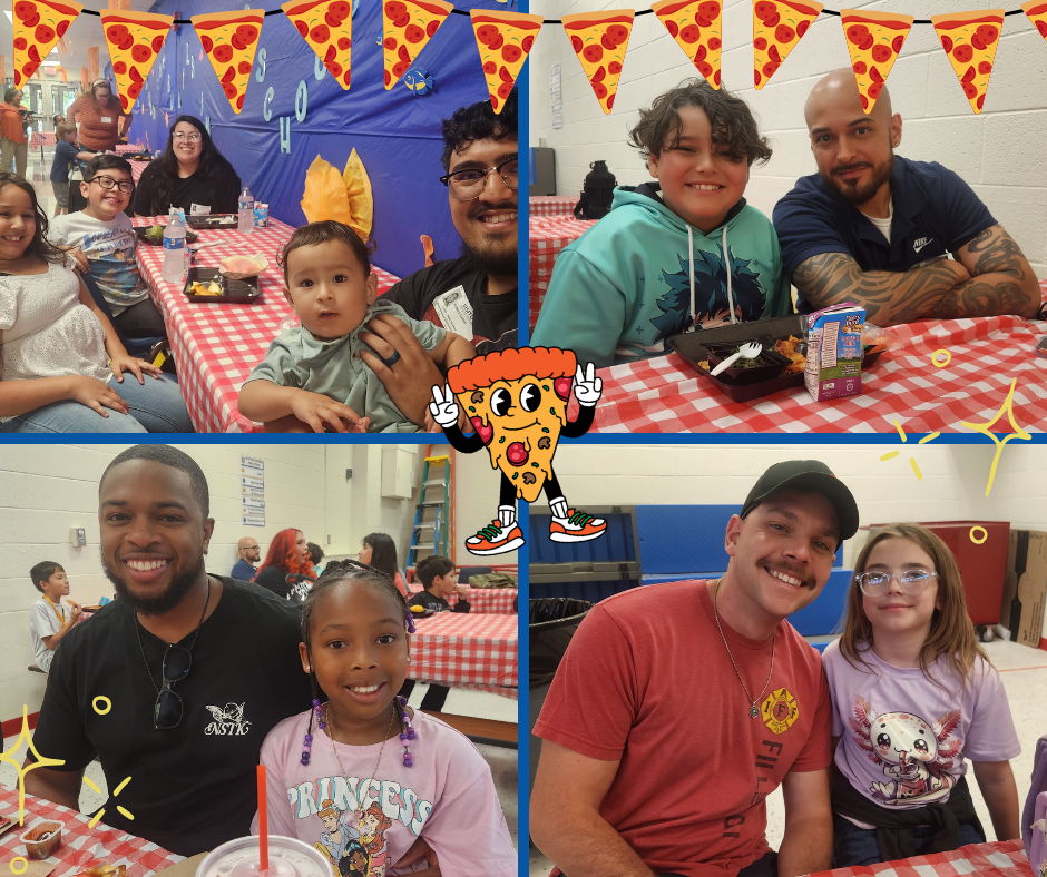 4 photo collage of students posing with parents on pizza with parents day