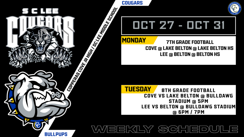 jr high schedule 7th grade football cove at lake belton lee at belton. 8th grade all at bulldawg stadium cove vs lake belton at 5, lee vs belton at 6 and 7