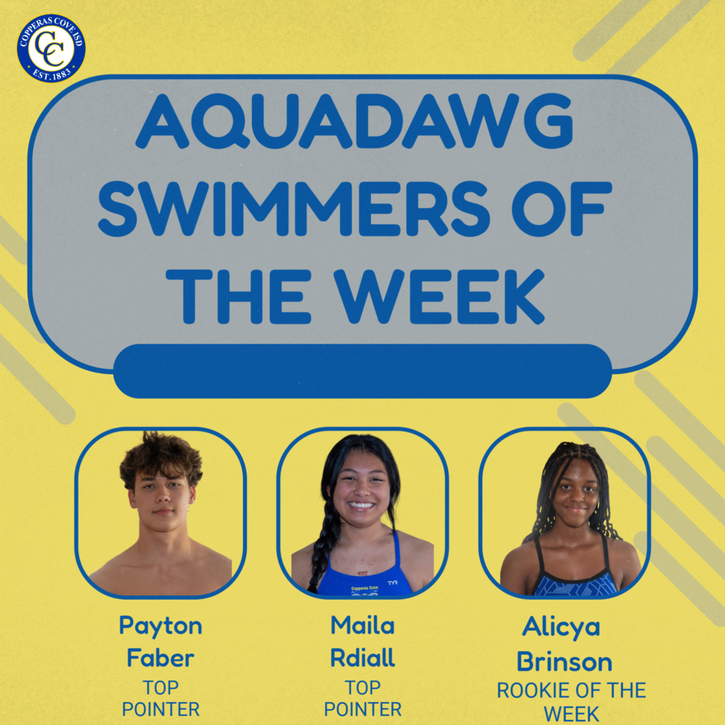 aquadawg swimmers of the week payton faber, maia ridaill, and alicya brinson