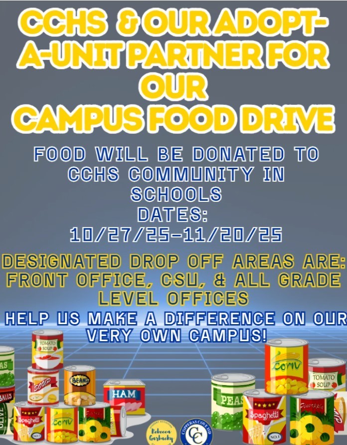 Graphic design with clipart of canned goods.  Text in message body.