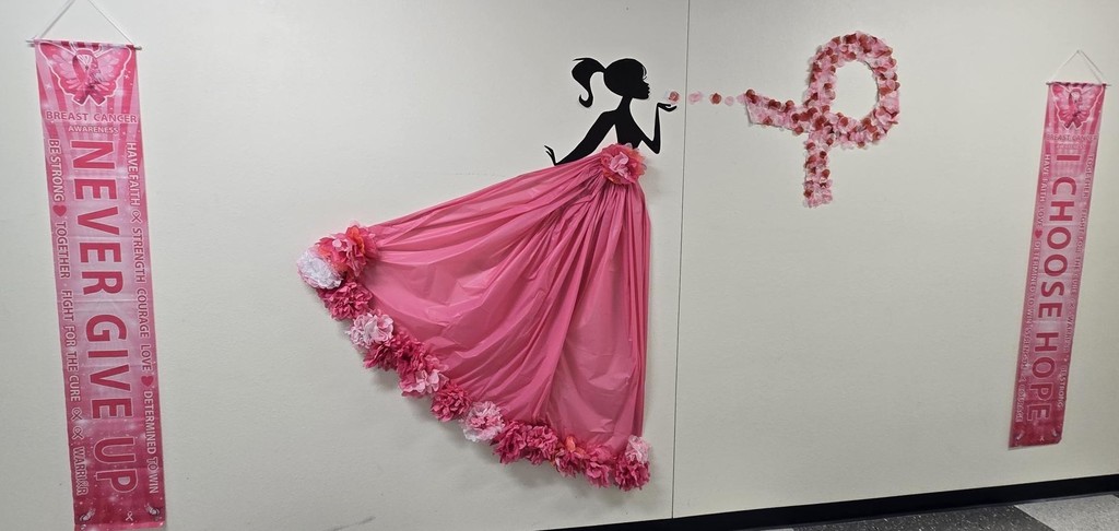 Picture of pink lady wall decoration with 2 banners.  Never Give Up and I Choose Hope.