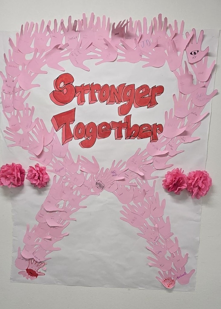 Picture of ribbon made from paper hands with Stronger Together in the middle.