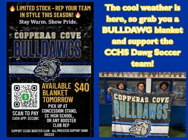 Graphic design with a picture of students holding up a blanket.  Clipart of a QR code and the CCHS Bulldawg logo.