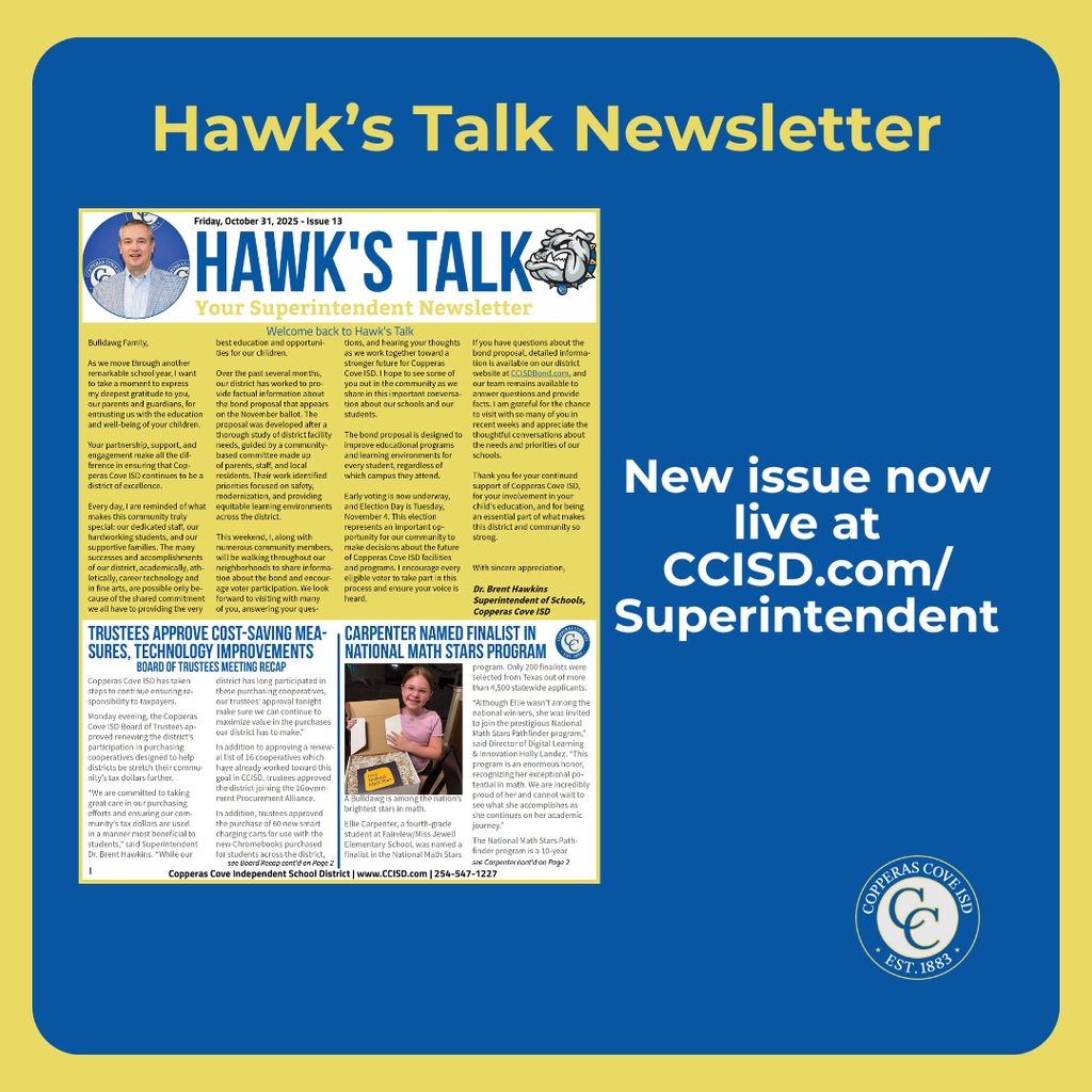 Graphic with CCISD logo. Hawk's Talk Newsletter. New issue now live at CCISD.com/Superintendent. Includes still image of first page of newsletter.