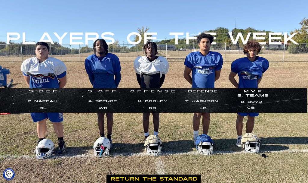 Graphic with CCISD logo. Players of the Week. Starting defense Z. Napeahi, defensive line. Starting offense A. Spence, WR. Offense K. Dooley, RB. Defense T. Jackson, LB. MVP Special Teams B. Boyd, CB. Return the standard.