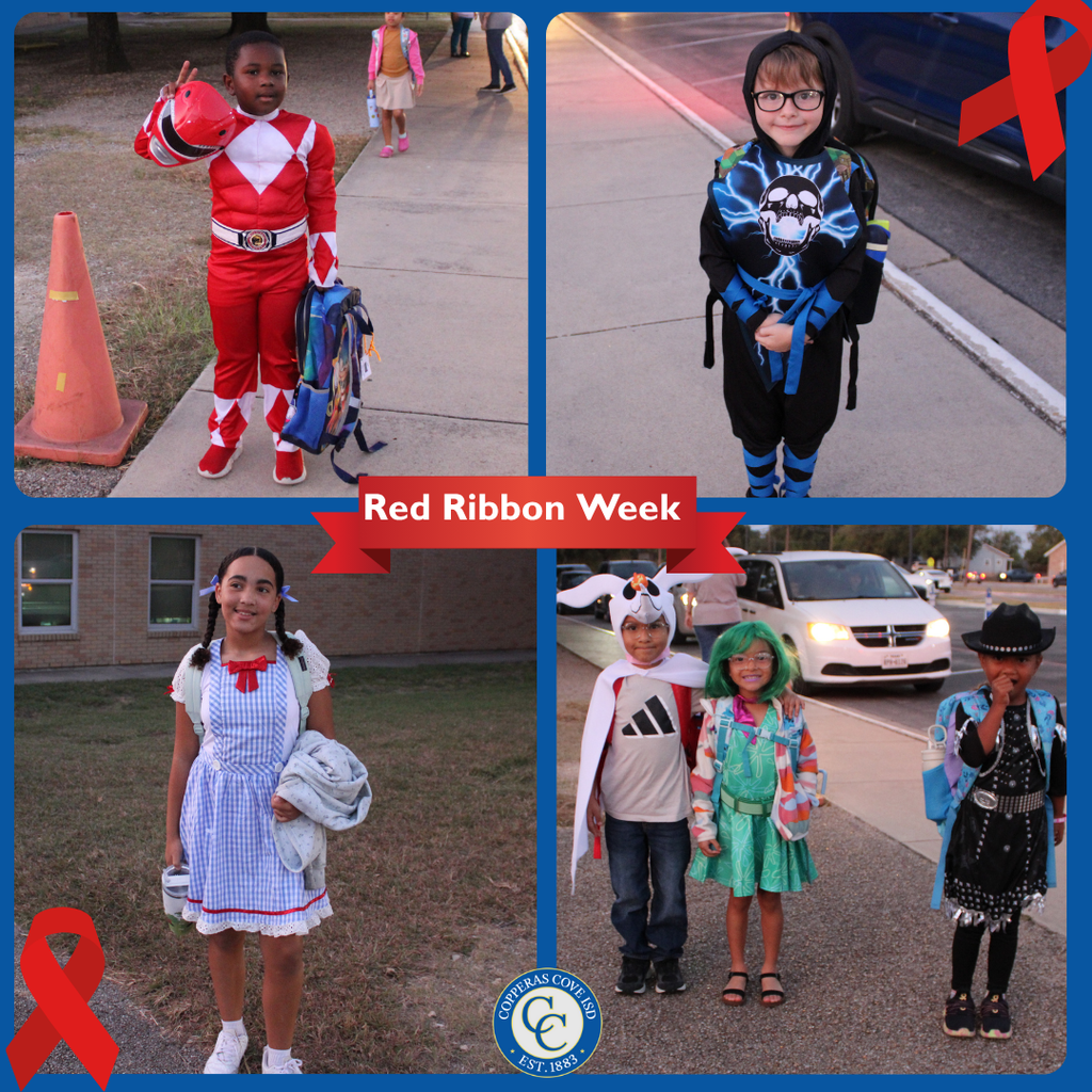 Collage of students dressed for red ribbon week with CCISD logo