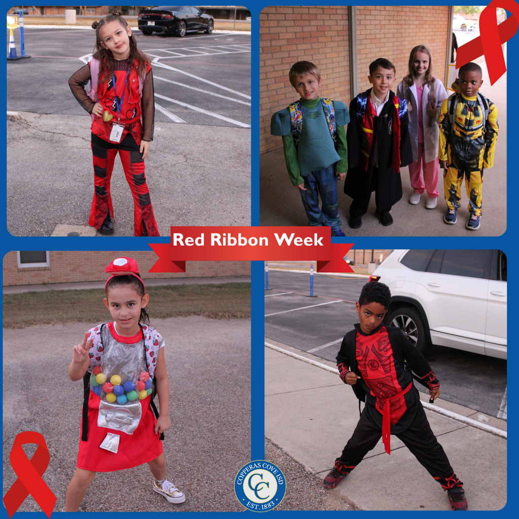 Collage of students dressed for red ribbon week with CCISD logo