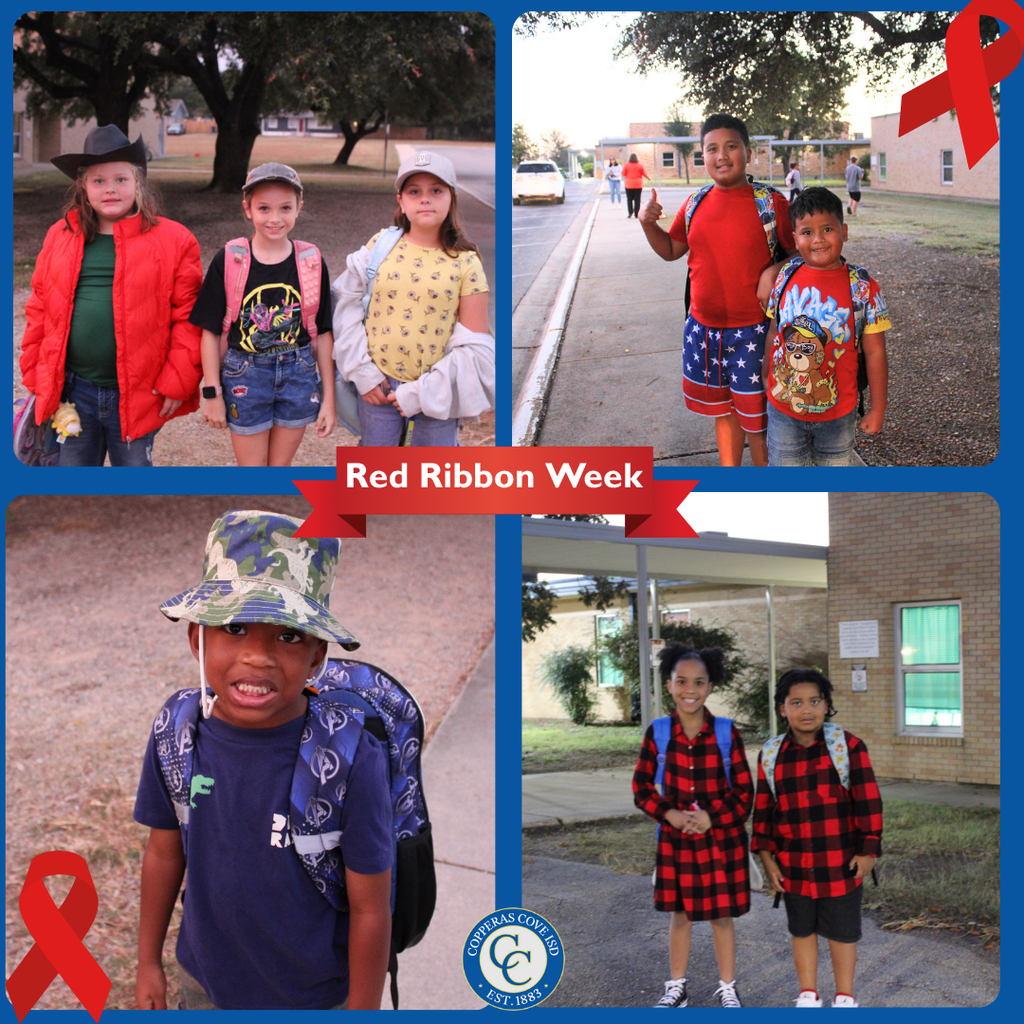 Collage of students dressed for red ribbon week with CCISD logo