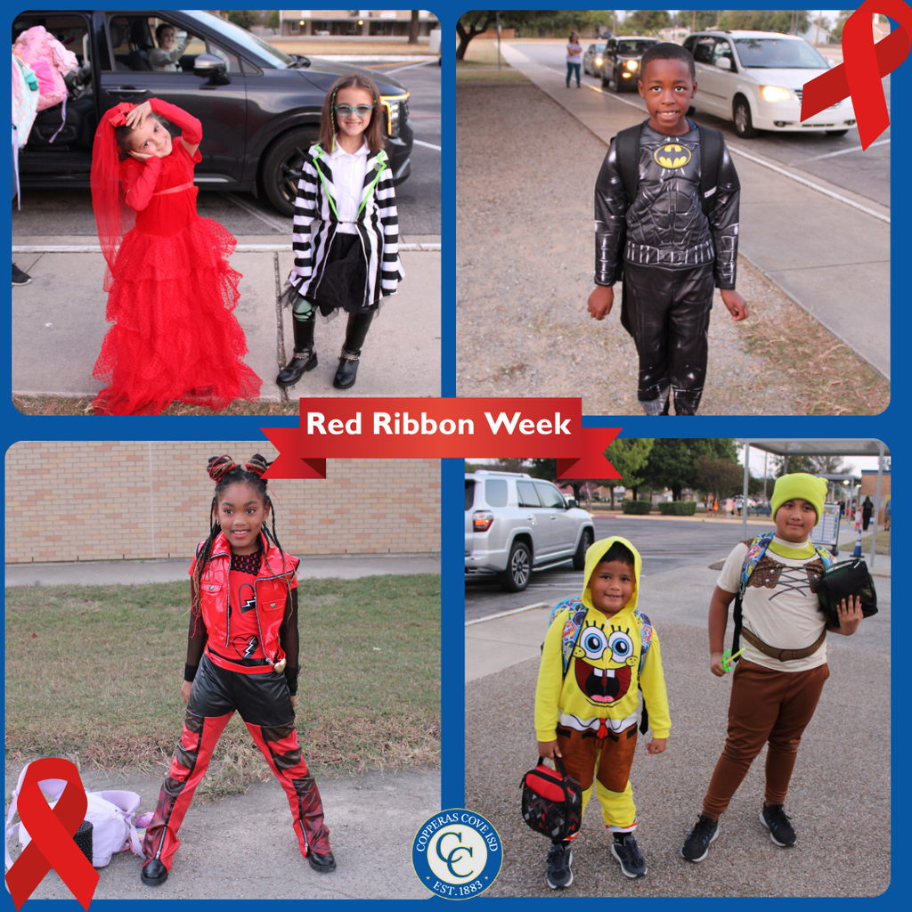 Collage of students dressed for red ribbon week with CCISD logo