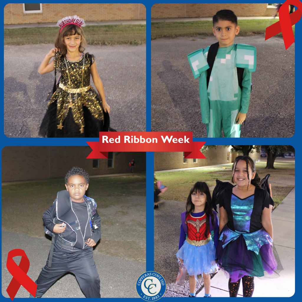 Collage of students dressed for red ribbon week with CCISD logo