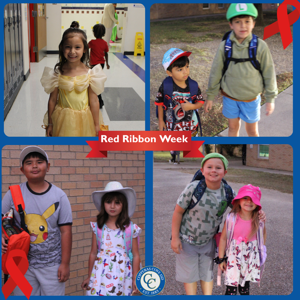 Collage of students dressed for red ribbon week with CCISD logo
