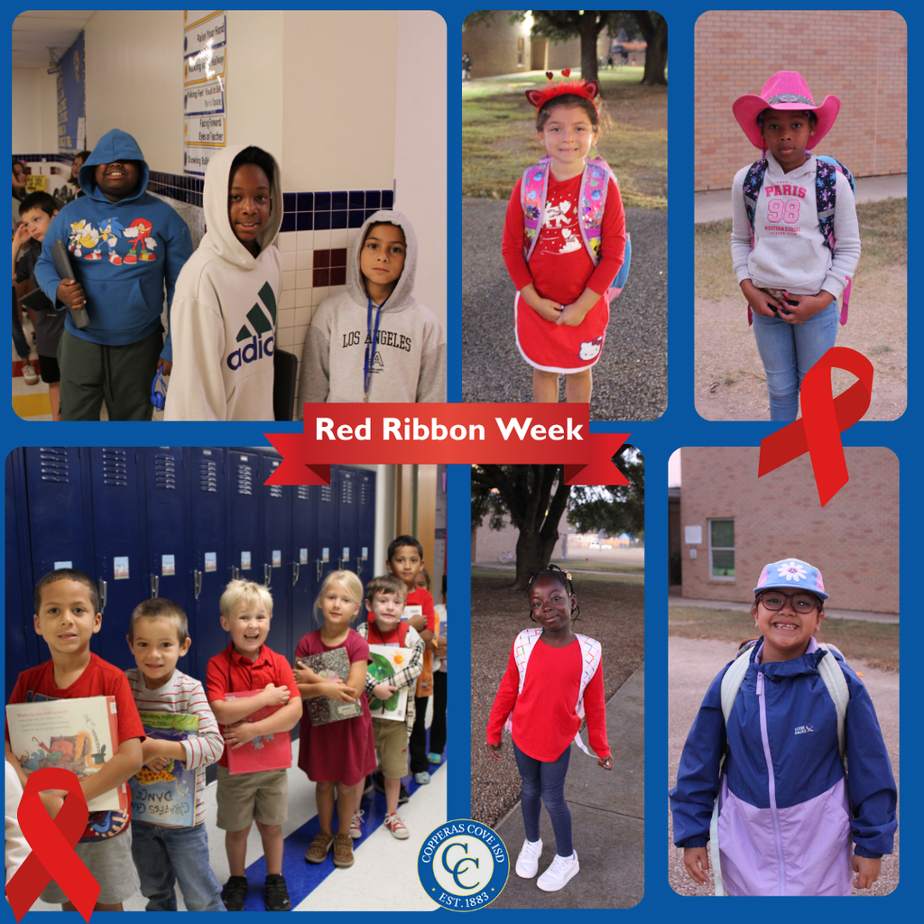 Collage of students dressed for red ribbon week with CCISD logo