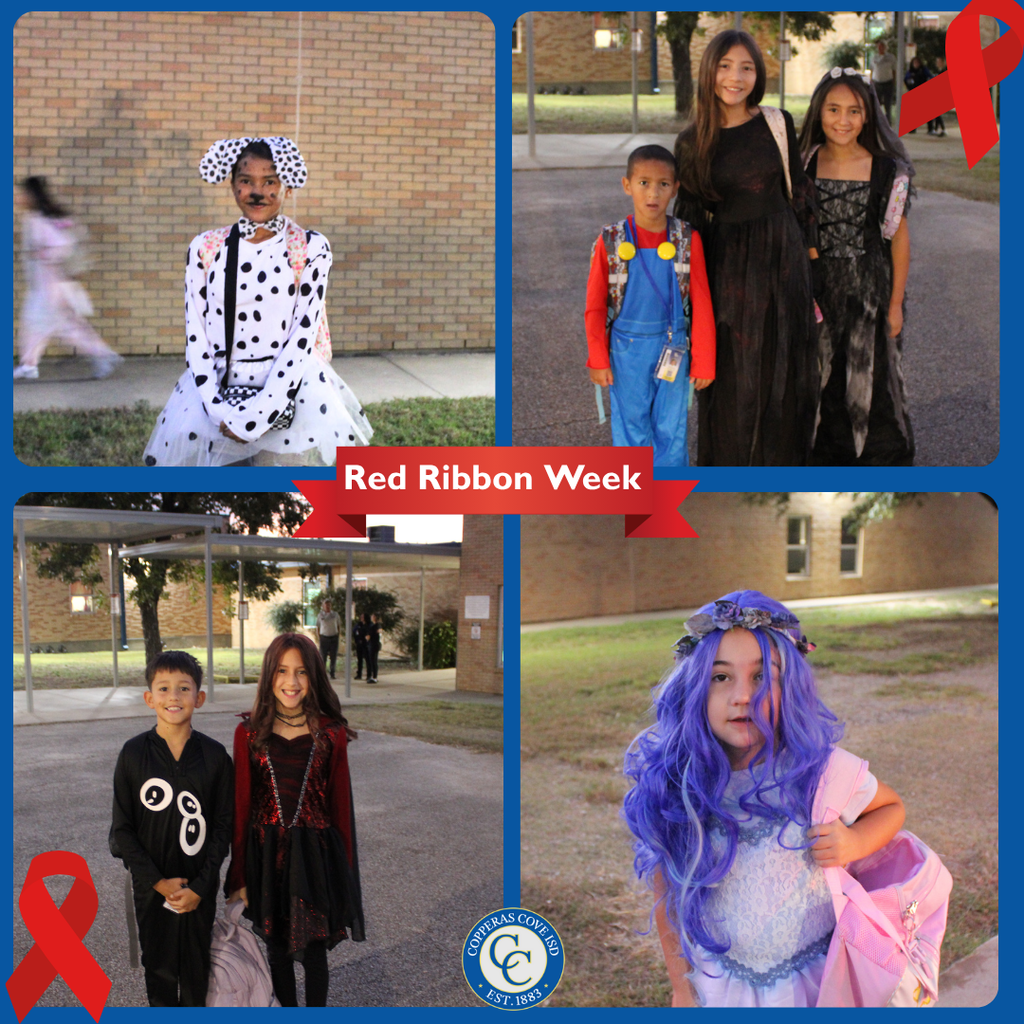 Collage of students dressed for red ribbon week with CCISD logo