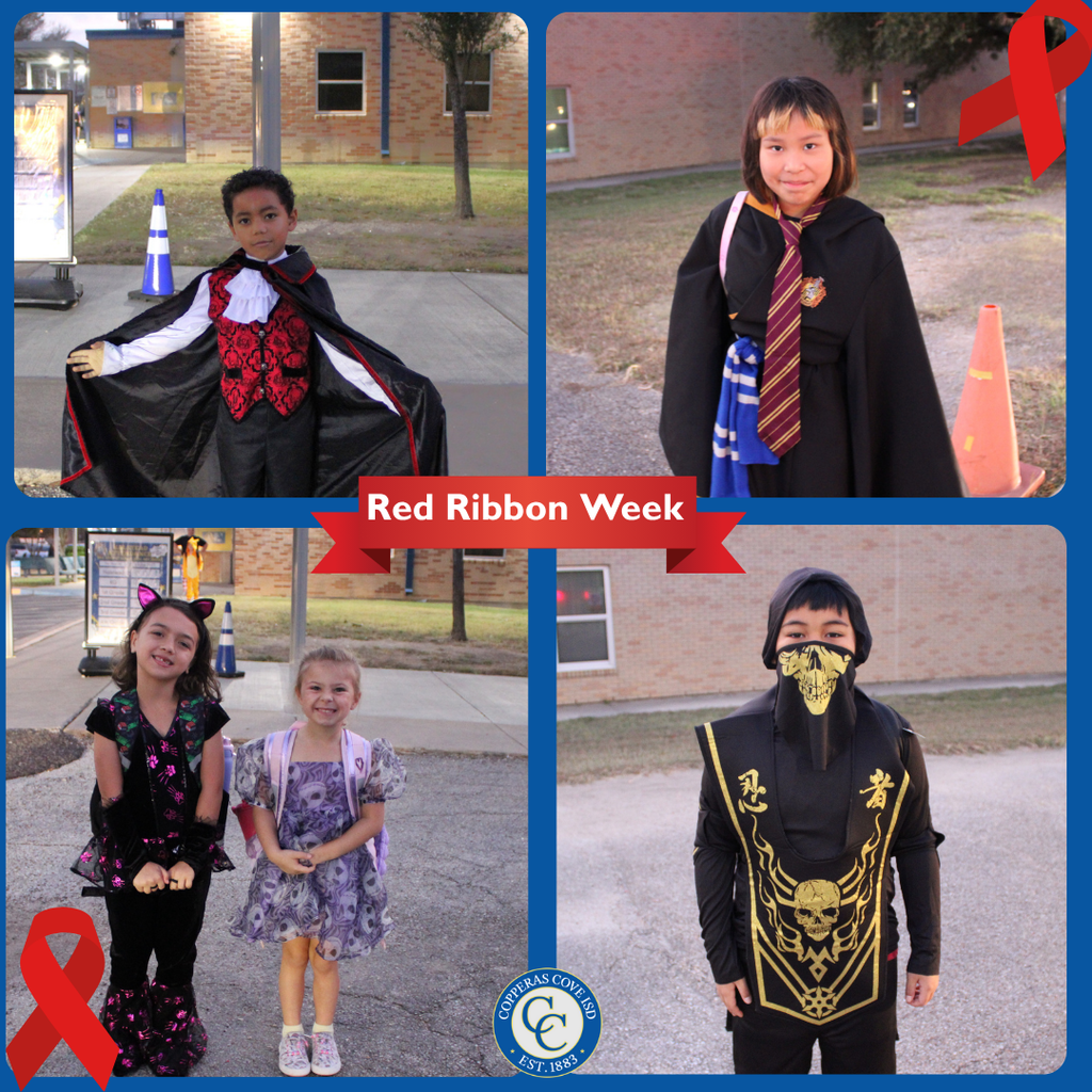 Collage of students dressed for red ribbon week with CCISD logo