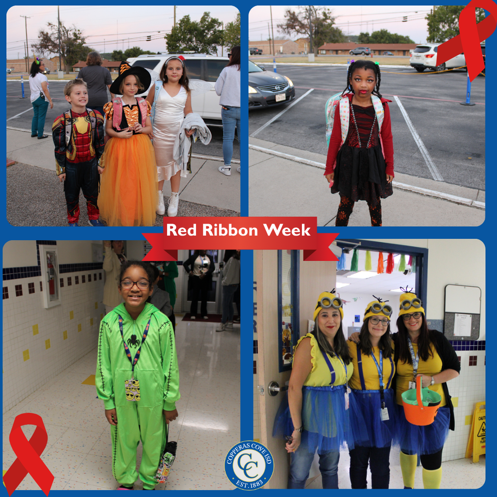 Collage of students dressed for red ribbon week with CCISD logo