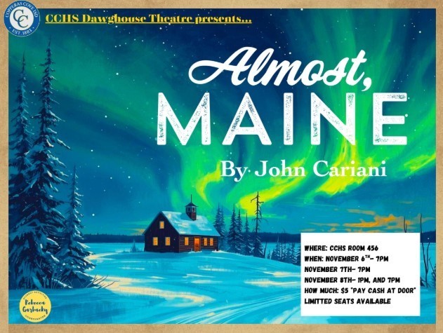 Graphic design of a cabin in the snowy woods with the aurora borealis in the background. Text in message body.