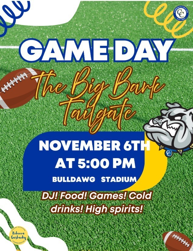 Graphic design of a football field with various cliparts surrounding the outer-edge. Seals of Rebecca Garbacky, CCISD, and the CCHS Bulldawg logo. Text in message body.