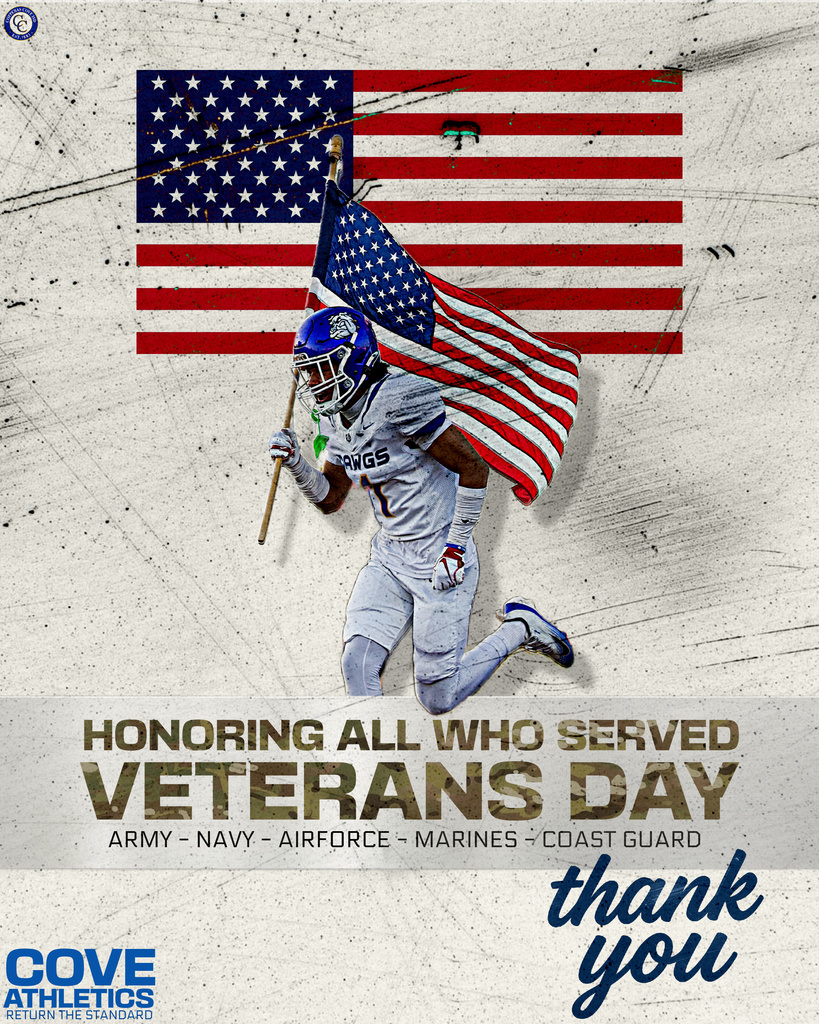Graphic with CCISD logo. Honoring all who served. Veterans day. Army, Navy, Air Force, Marines, Coast Guard. Thank you. Cove Athletics, Return the Standard.