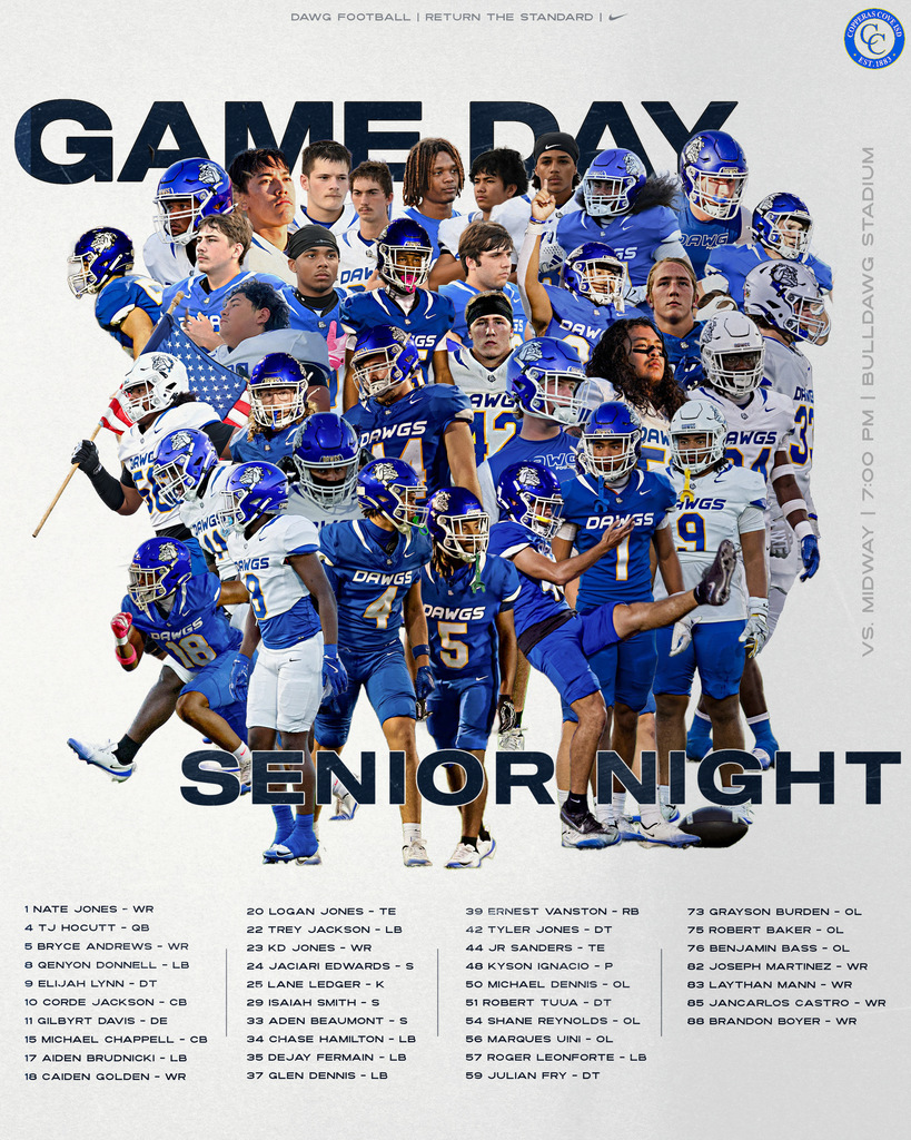 Graphic with CCISD logo. Game Day. Senior Night. 1 Nate Jones – WR 4 TJ Hocutt – QB 5 Bryce Andrews – WR 8 Qenyon Donnell – LB 9 Elijah Lynn – DT 10 Corde Jackson – CB 11 Gilbyrt Davis – DE 15 Michael Chappell – CB 17 Aiden Brudnicki – LB 18 Caiden Golden – WR 20 Logan Jones – TE 22 Trey Jackson – LB 23 KD Jones – WR 24 Jaciari Edwards – S 25 Lane Ledger – K 29 Isaiah Smith – S 33 Aden Beaumont – S 34 Chase Hamilton – LB 35 Dejay Fermain – LB 37 Glen Dennis – LB 39 Ernest Vanston – RB 42 Tyler Jones – DT 44 JR Sanders – TE 48 Kyson Ignacio – P 50 Michael Dennis – OL 51 Robert Tuua – DT 54 Shane Reynolds – OL 56 Marques Uini – OL 57 Roger Leonforte – LB 59 Julian Fry – DT 73 Grayson Burden – OL 75 Robert Baker – OL 76 Benjamin Bass – OL 82 Joseph Martinez – WR 83 Laythan Mann – WR 85 Jancarlos Castro – WR 88 Brandon Boyer – WR