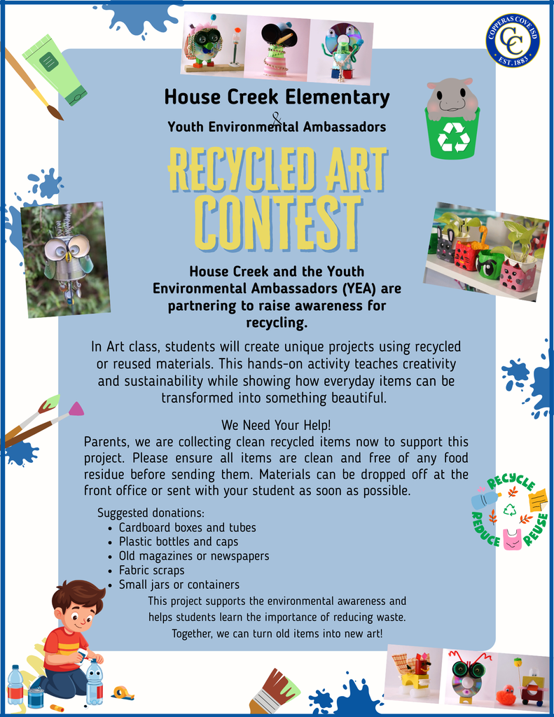 Recycled Art flyer with CCISD logo. Event details outlined in text.