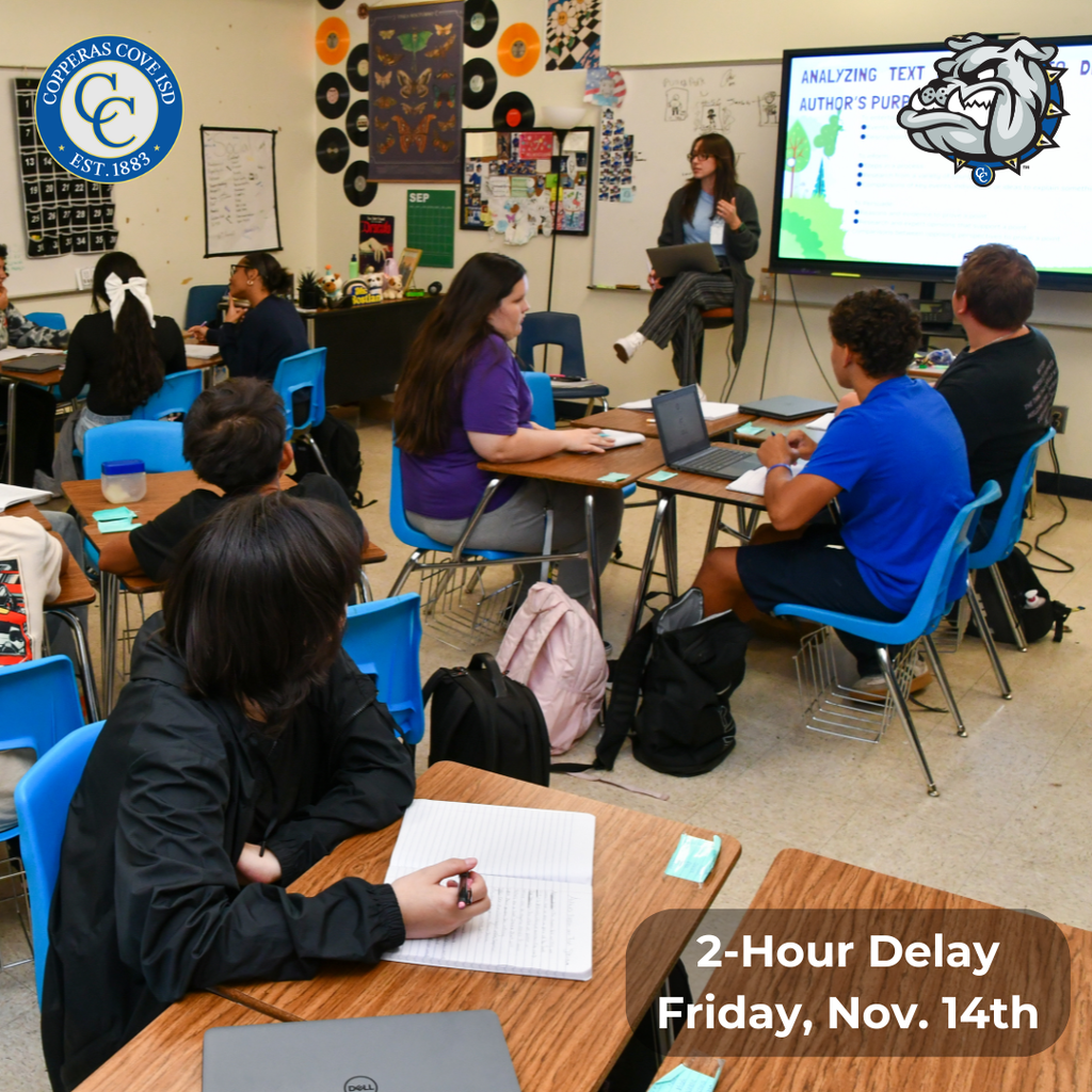 Graphic with CCISD logo and Bulldawg logo. 2-hour delay, Friday, Nov. 14th