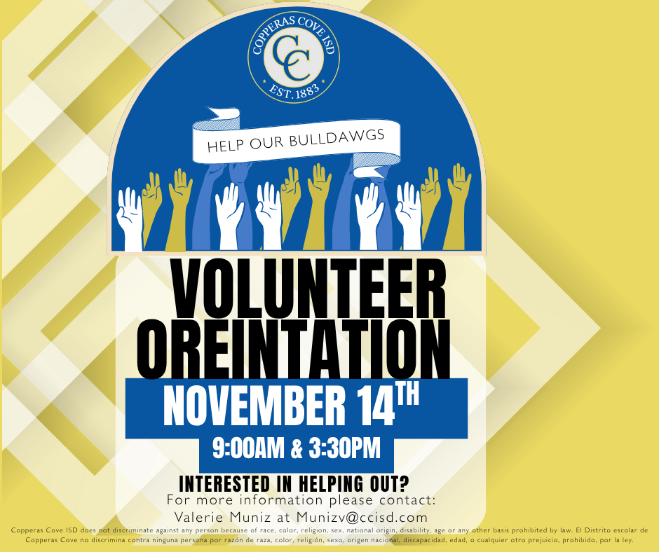Volunteer orientation flyer with CCISD logo details in caption