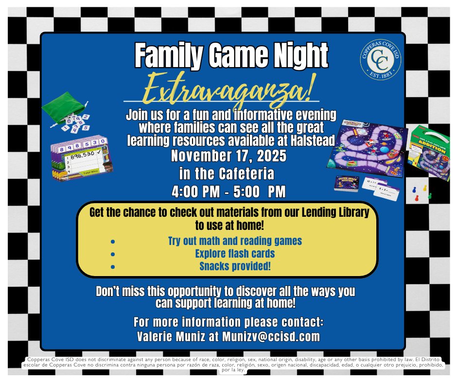 Family game night flyer with CCISD logo details in caption