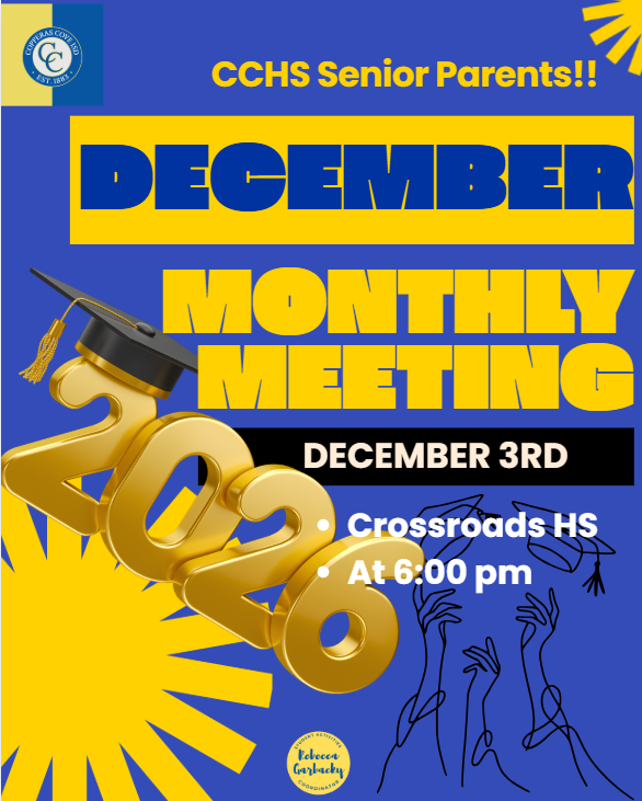 Graphical flyer with clipart of hands throwing graduation caps into the air. Text in message body.