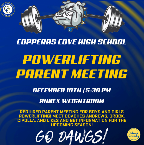Graphical flyer with clipart of the Copperas Cove ISD Bulldawg logo with a dumbell. Seals of Copperas Cove ISD and Rebecca Garbacky. Text in post body.