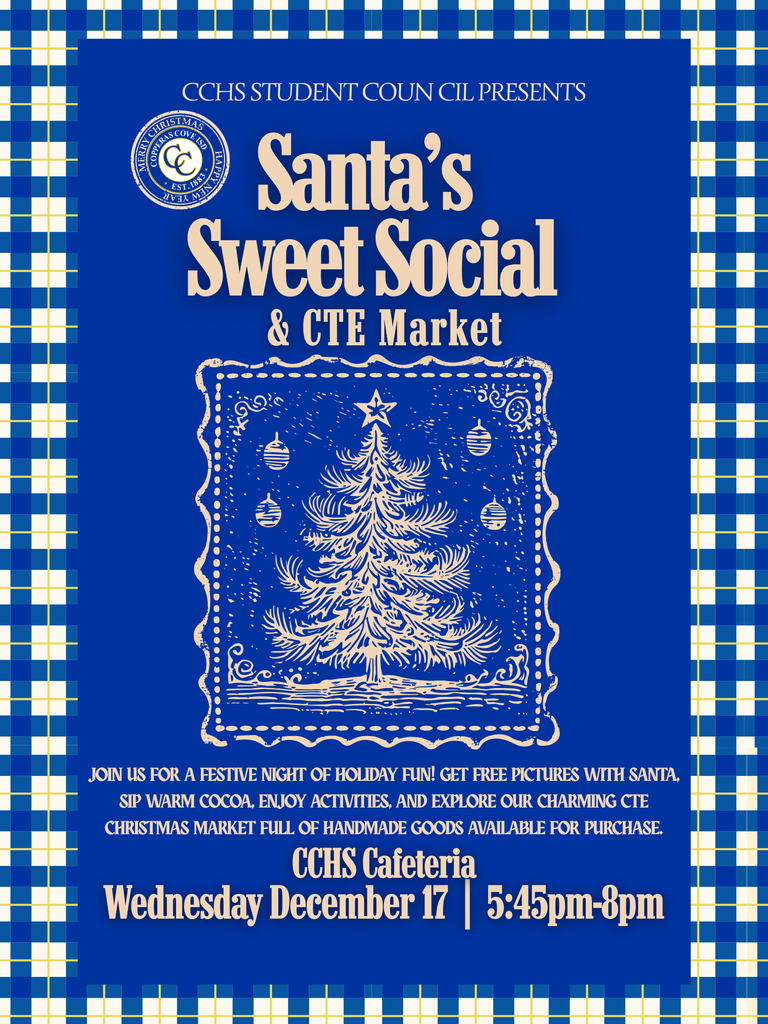 A graphical flyer with text and a Christmas Tree clipart. Text in message body.