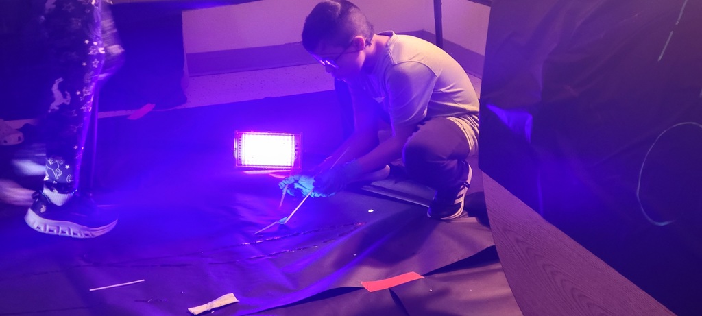 Students use tools to pick up evidence