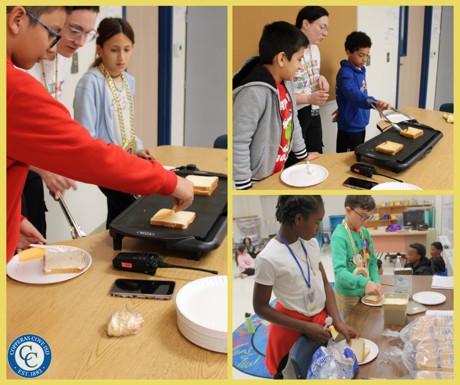 Fifth grade students cooking grilled cheese photo collage