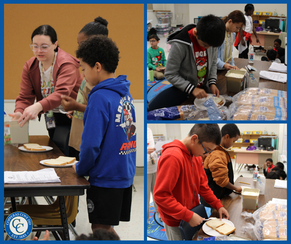 Fifth grade students cooking grilled cheese photo collage