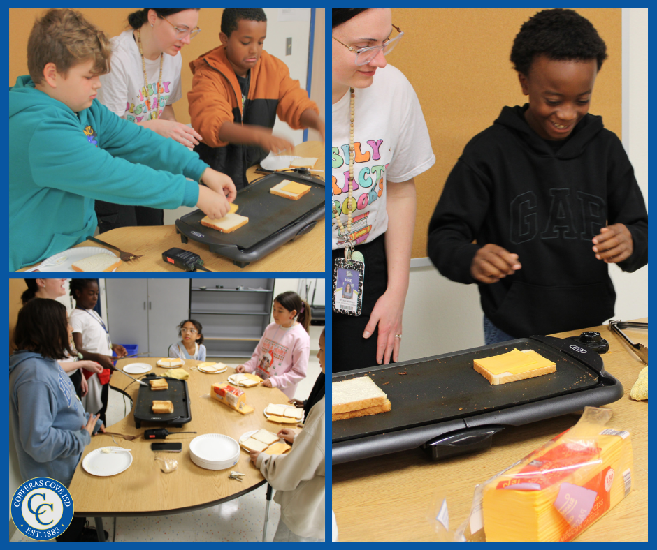Fifth grade students cooking grilled cheese photo collage
