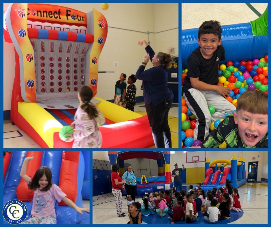 collage of students playing on inflatables