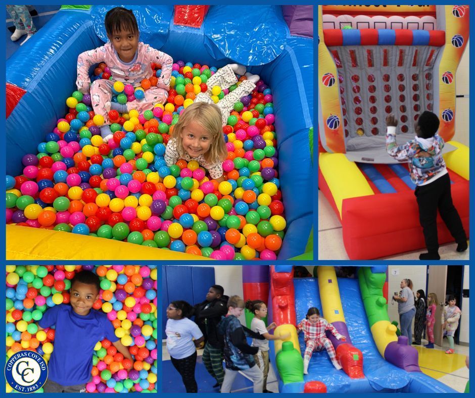 collage of students playing on inflatables