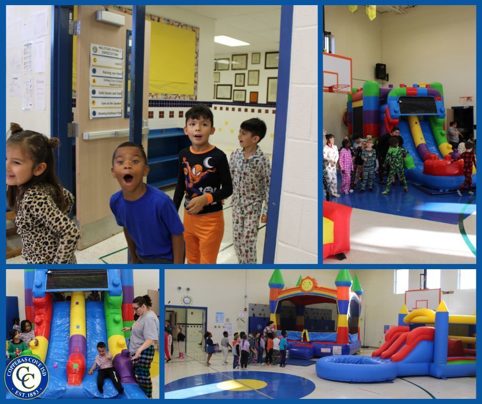 collage of students playing on inflatables