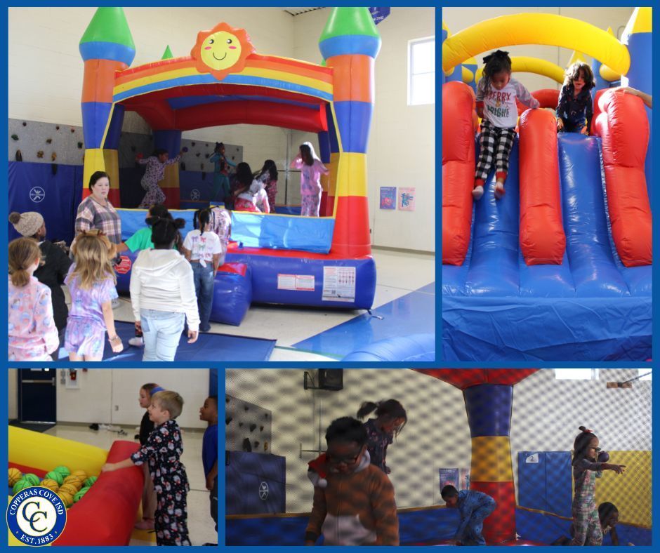 collage of students playing on inflatables