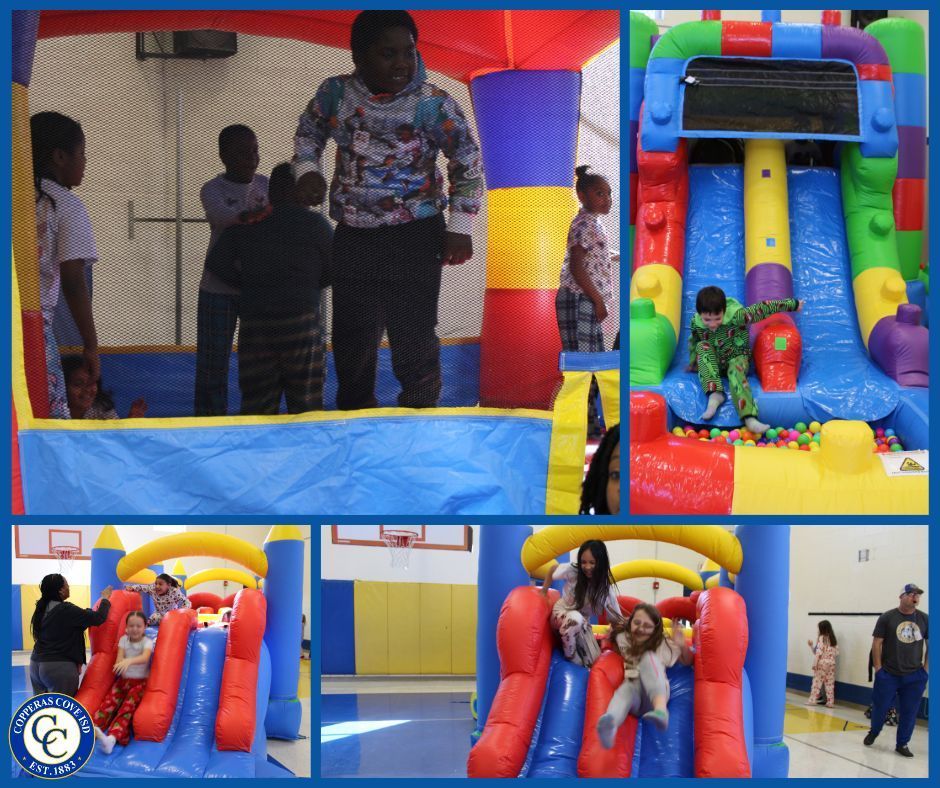 collage of students playing on inflatables