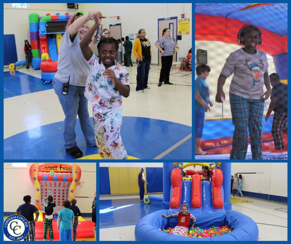 collage of students playing on inflatables