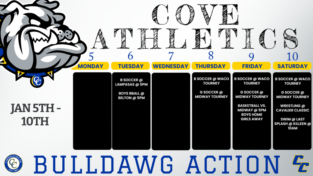 6-Jan Lampasas JVA/V Away 5/7PM 6-Jan OPEN 6-Jan OPEN 6-Jan Belton 9AB, JV, V Belton 5, 6, 5:30, 7 8-Jan Midway Classic Tournament Varsity TBD 8-Jan Waco Tournament V Waco TBD 9-Jan Midway Classic Tournament Varsity TBD 9-Jan MIDWAY 9,jv,v MIDWAY 5:00, 5:30, 7:00 Jan. 9 Midway 9AB, JV, V Cove 5, 6, 5:30, 7 9-Jan Waco Tournament V Waco TBD Jan. 10 Cavalier Classic VB, VG, JVB Lake Travis HS 9:00am 10-Jan Midway Classic Tournament Varsity TBD 10-Jan Last Splash Clements Boys and Girls Center 10:00 AM 10-Jan Waco Tournament V Waco TBD