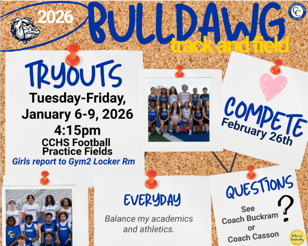 Graphic design of a corkboard with sticky notes attached (text in post body).  Pictures are of students from the Track and Field team. 