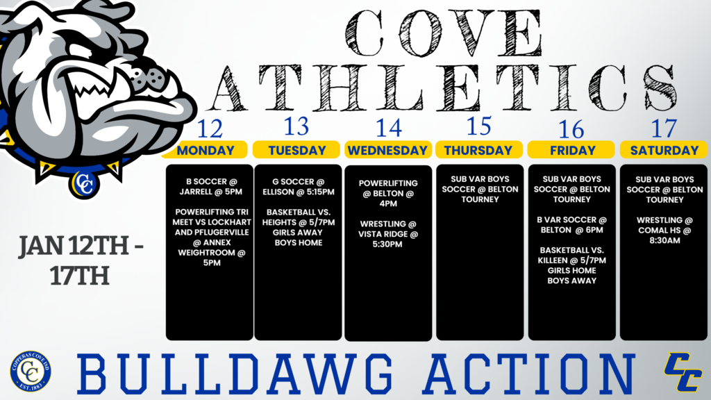 12-Jan	Tri Meet #1		Cove	5:00pm 12-Jan	Jarrell  	JVA/V	away	5/7PM 13-Jan	Ellison	JV/ V	Away	5:15/ 7:00 13-Jan	HEIGHTS	9,jv,v	HEIGHTS	5:00, 5:30, 7:00 Jan. 13	Heights	9AB, JV, V	Cove	5, 6, 5:30, 7 Jan. 14	Vista Ridge	VB, VG, JVB	Vista Ridge HS	5:30pm 14-Jan	BISD Invitational		Belton	4:00pm 15-Jan	Belton Tournament	JVB/JVA	Away	TBD 16-Jan	Belton Tournament	JVB/JVA	Away	TBD 16-Jan	Belton	V	Away	6:00PM 16-Jan	OPEN	 	 	  16-Jan	KILLEEN	9,jv,v	COVE	5:00, 5:30, 7:00 Jan. 16	Killeen	9AB, JV, V	Killeen	5, 6, 5:30, 7 Jan. 17	Mabry/Cougarette Invt	VB, VG	Comal HS, Canyon	8:30am 17-Jan	Belton Tournament	JVB/JVA	Away	TBD