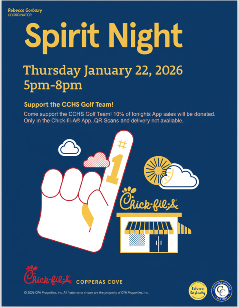 Graphic design of a Chick-Fil-A building and a foam #1 finger.  Text in message body. 