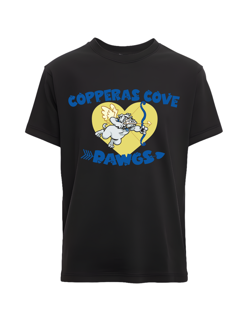 Image is of a black shirt with a "Valentine's Arrow Shooting Dawg"  with the words Copperas Cove Dawgs