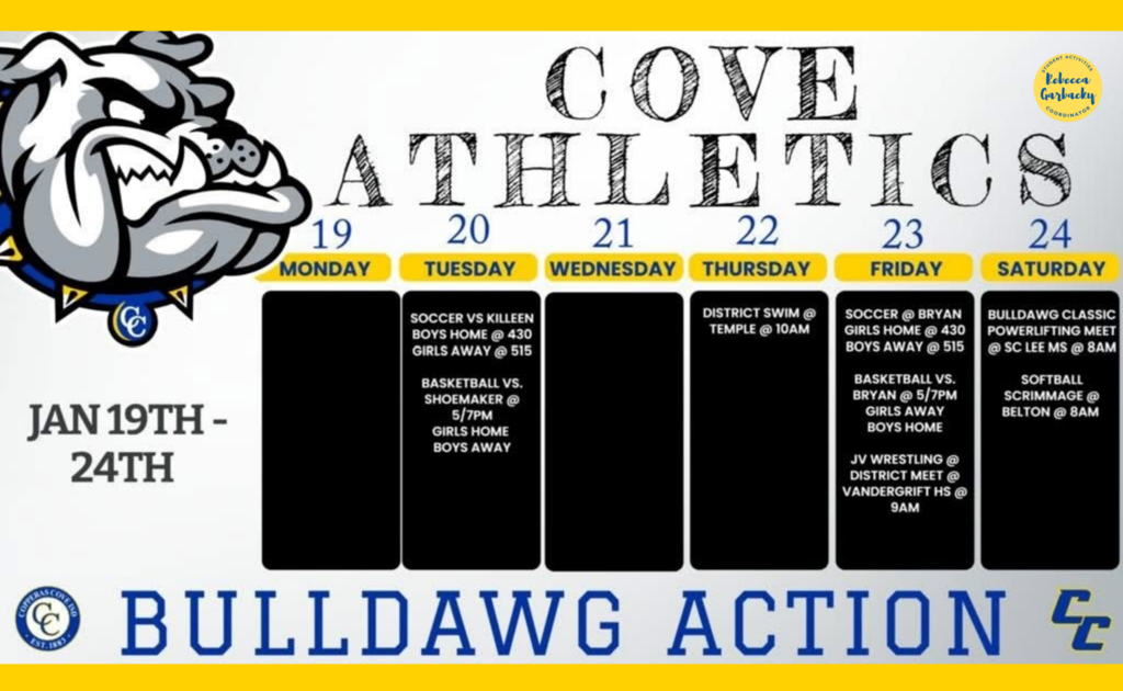 Graphical design of a chart displaying the various sports activities of the week. A bulldawg mascot is in the top left corner. Text in post body. 