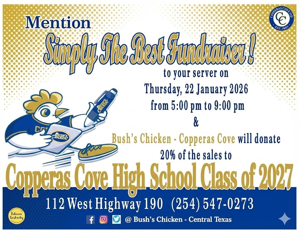 Image is a graphic design with a cartoon chicken taking a food order. Text in post body. 