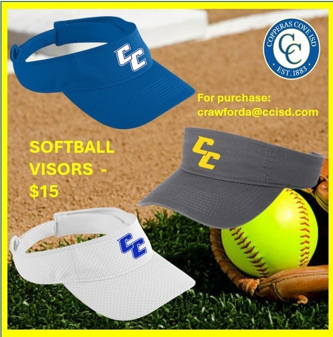 Image is a photo of visors with the CC logo on them, as well as a baseball and glove. Text in post body.